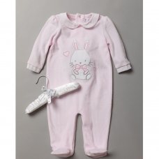S18979: Baby Girls Bunny Applique Velour All In One On A Satin Padded Hanger (0-9 Months)