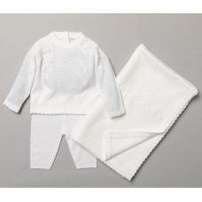 S19077: Baby Unisex White Knitted 3 Piece Outfit (0-9 Months)
