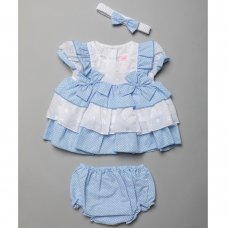 T20160B: Baby Girls Tiered Polka Dot &  Broderie  Anglais Dress, Pant & Headband Set (6-24 Months)