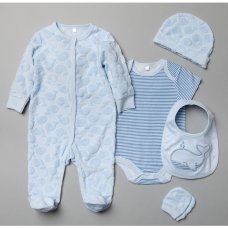 T20181: Baby Boys Blue Whale Embossed 5 Piece Gift Set (NB-6 Months)