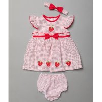 T20397B: Baby Girls Polka Dot Dress With Strawberry Embroideries, Pant & Headband Set (6-24 Months)