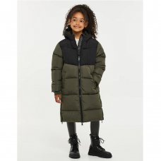 TBFLW06514: Kids Unisex Khaki Colourblock Longline Puffer Jacket/Coat (5-12 Years)