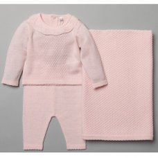 V21092: Baby Pink Knitted 3 Piece Shawl Set (0-9 Months)