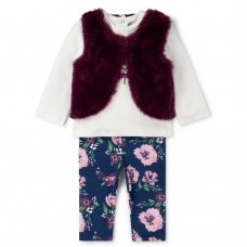 V21189: Baby Girls Fur Gilet, Floral Top & Legging Outfit (3-24 Months)
