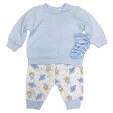 V21211AP: Baby Boys Plain Quilted Top, Bear Print Jog Pant & Socks Outfit  (0-3 Months)