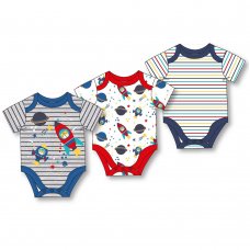 V21437: Baby Boys Rockets 3 Pack Bodysuits (0-12 Months)