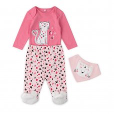 V21538:  Baby Girls Cat Print Bodysuit, Trouser & Bib Outfit (0-9 Months)