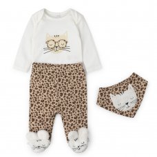 V21546:  Baby Girls Leopard Print Bodysuit, Trouser & Bib Outfit (0-9 Months)