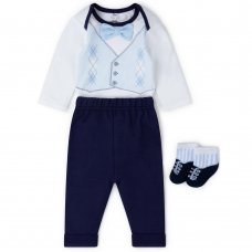 V21560:  Baby Boys Bowtie Bodysuit, Trouser & Sock Outfit (0-12 Months)