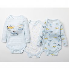 V21613: Baby Boys Planes 3 Pack Long Sleeve Bodysuits (0-12 Months)