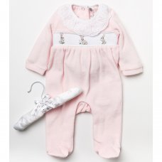 W22476: Baby Girls Smocked Velour All In One On A Satin Padded Hanger (0-9 Months)