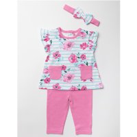W22573:  Baby Girls Floral Top, Leggings & Headband Outfit (3-24 Months)