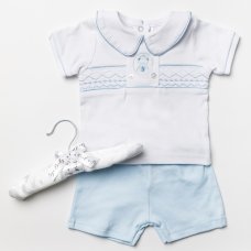 W22577: Baby Boys Smocked Cotton Top & Short On A Satin Padded Hanger (0-9 Months)
