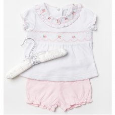 W22578: Baby Girls Smocked Cotton Top & Bloomer On A Satin Padded Hanger (0-12 Months)