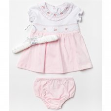 W22581: Baby Girls Smocked Cotton Dress & Pant  On A Satin Padded Hanger (0-12 Months)