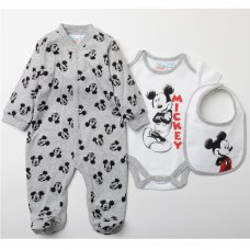 W22935: Baby Mickey Mouse 3 Piece All In One, Bodysuit & Bib Set (0-9 Months)