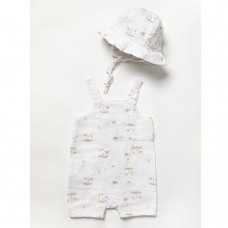 W22961: Baby Unisex Muslin Fabric Safari Dungaree & Hat Set (0-12 Months)