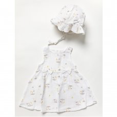 W22963: Baby Girls Muslin Fabric Safari Dress & Hat Set (0-12 Months)