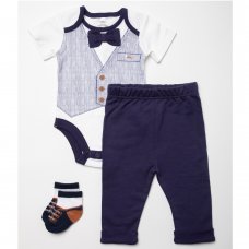 W23368:  Baby Boys Bowtie Bodysuit, Trouser & Sock Outfit (0-12 Months)