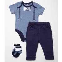 W23370:  Baby Boys Bowtie Bodysuit, Trouser & Sock Outfit (0-12 Months)