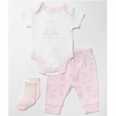 W23391:  Baby Girls Bunny Bodysuit, Jog Pant &  Sock Outfit (0-12 Months)