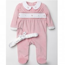 W23712: Baby Girls Smocked Velour All In One On A Satin Padded Hanger (0-9 Months)