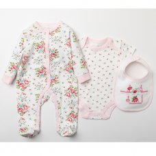 W23922: Baby Girls Cream Floral 3 Piece All In One, Bodysuit & Bib Set (NB-6 Months)