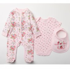 W23923: Baby Girls Pink Floral 3 Piece All In One, Bodysuit & Bib Set (NB-6 Months)
