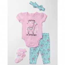 W23974:  Baby Girls Lamacorn Bodysuit, Legging, Headband & Sock Outfit (0-12 Months)