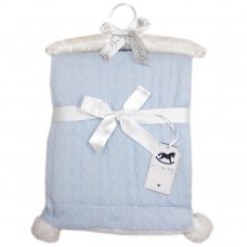 W23978: Baby Knitted Wrap With Sherpa Back and Pom Poms On A Satin Padded Hanger- Sky