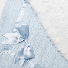 W23979: Baby Knitted Wrap With Sherpa Back and Bow On A Satin Padded Hanger- Sky