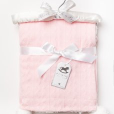 W23980: Baby Knitted Wrap With Sherpa Back and Pom Poms On A Satin Padded Hanger- Pink