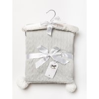 W23982: Baby Knitted Wrap With Sherpa Back and Pom Poms On A Satin Padded Hanger- Grey