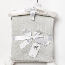 W23982: Baby Knitted Wrap With Sherpa Back and Pom Poms On A Satin Padded Hanger- Grey