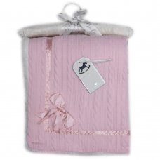W23985: Baby Knitted Wrap With Sherpa Back and Bow On A Satin Padded Hanger- Pink