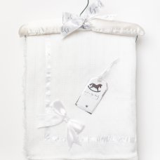 W23986: Baby Knitted Wrap With Sherpa Back and Bow On A Satin Padded Hanger- White