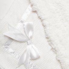 W23986: Baby Knitted Wrap With Sherpa Back and Bow On A Satin Padded Hanger- White