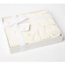 W24214C: Baby Girls Knitted 4 Piece Outfit In A  Luxury Gift Box- Cream (NB-6 Months, Boxes slight marks/damage)