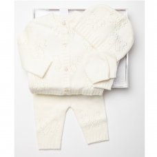 W24214C: Baby Girls Knitted 4 Piece Outfit In A  Luxury Gift Box- Cream (NB-6 Months, Boxes slight marks/damage)