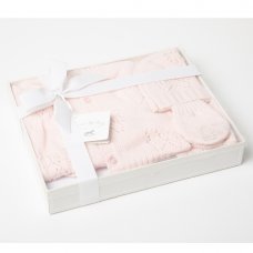 W24214P: Baby Girls Knitted 4 Piece Outfit In A  Luxury Gift Box- Pink (NB-6 Months, Boxes slight marks/damage)