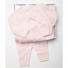 W24214P: Baby Girls Knitted 4 Piece Outfit In A  Luxury Gift Box- Pink (NB-6 Months, Boxes slight marks/damage)