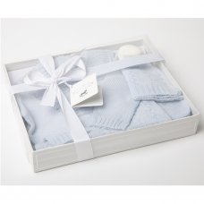 W24220S: Baby Boys Knitted 4 Piece Outfit In A  Luxury Gift Box- SKY (0-6 Months, boxes slight marks/damage)