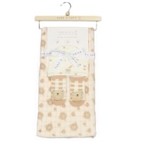 N14692: Baby Plush Wrap, Cotton Hat and Rattle Socks Set- Teddy