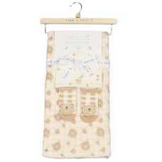 N14692: Baby Plush Wrap, Cotton Hat and Rattle Socks Set- Teddy