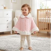 A24453: Baby Girls Lined Fur Trim Knitted Poncho/Cape  (3-24 Months)