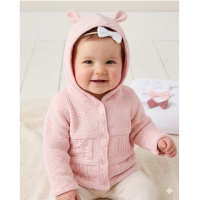 B03799: Baby Pink Cotton Knit Bear Hooded Cardigan (0-12 Months)