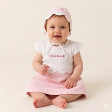 B03962:  Baby Girls Terry/Jersey Mix Dress & Hat Outfit  (0-12 Months)