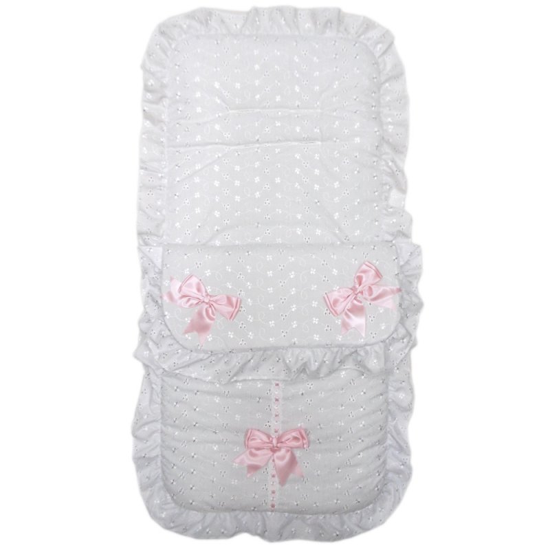 Frilly Broderie Anglaise Pink Push Chair Footmuff/Cosy Toes 