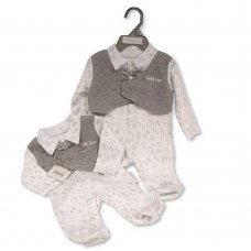 BIS-2020-2453: Baby Boys All In One With Mock Waistcoat & Bow  (NB-6 Months)