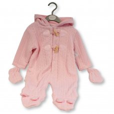 BIB-2020-2476P: Baby Cable Knit, Fleece Lined Snowsuit With Toggles- Pink (NB-9 Months)